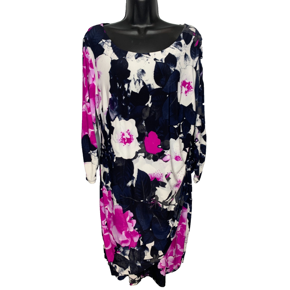 INC Women's 1x Nightfall Autum Blsm Round Neck Cinched Waist/Sleeve Dress NEW